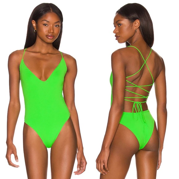superdown Other - superdown Rose One Piece in Neon Green Lace Up Bathing Suit NWT